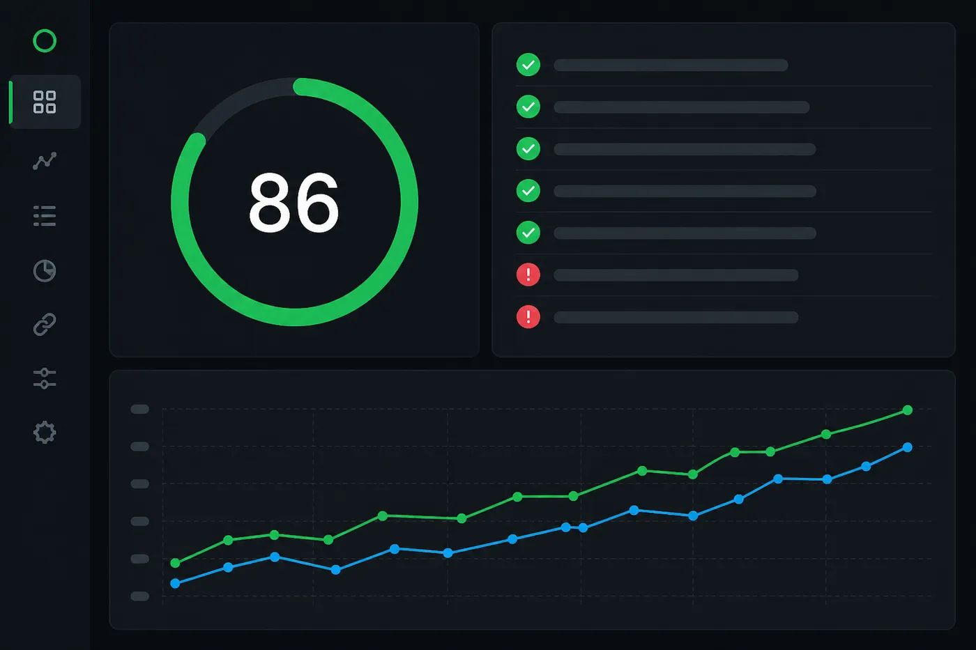 SEO audit dashboard mockup with health score, issue checklist, and upward traffic trend
