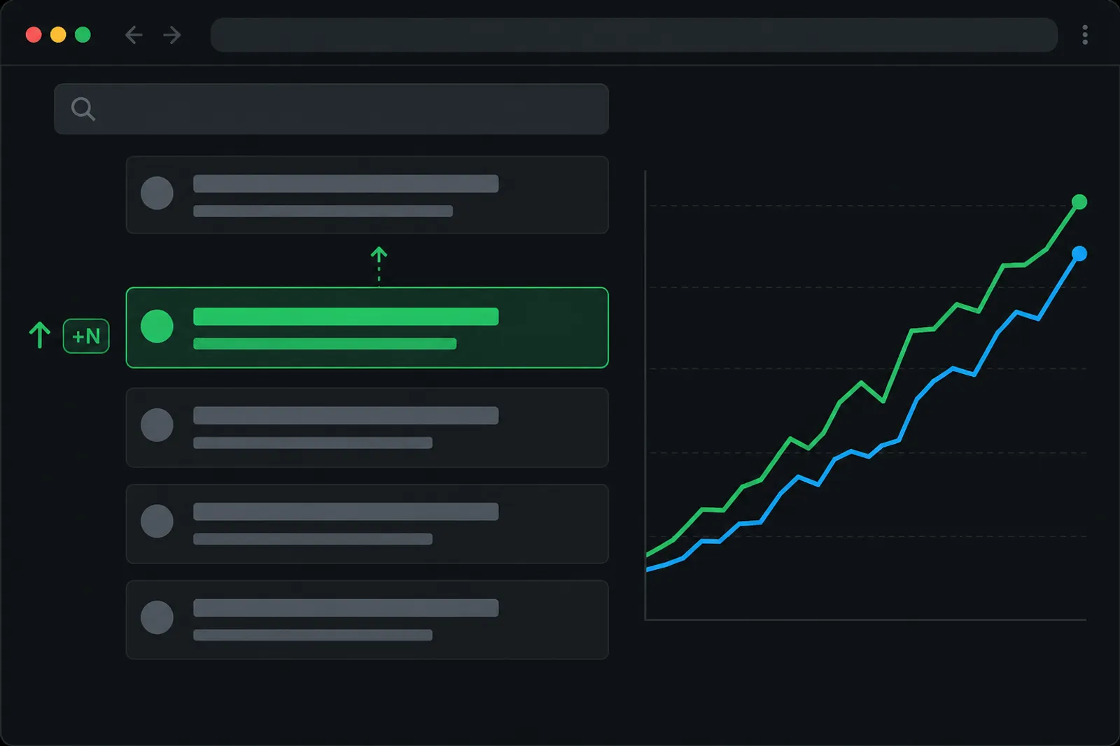 Browser mockup of search results with a highlighted listing climbing to number one beside an upward traffic graph